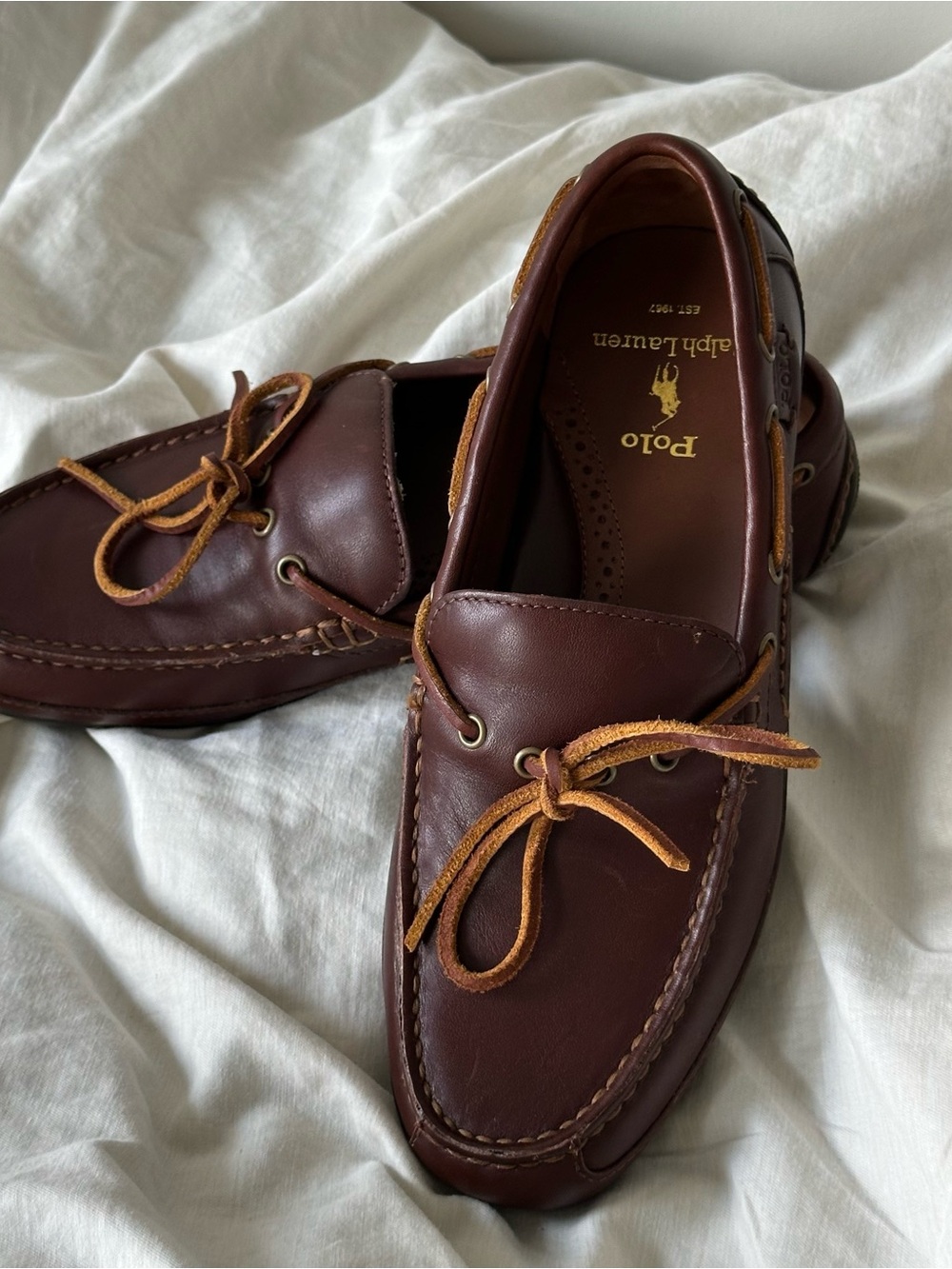 Polo by Ralph Lauren Brown Leather Boat Loafers with Tan Laces